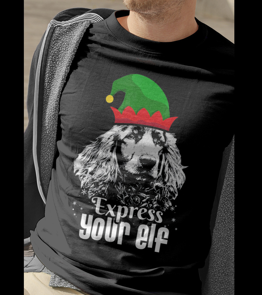 Express Your Elf English Cocker Spaniel Christmas Dog Wearing Green And Red Elf Hat T-Shirt