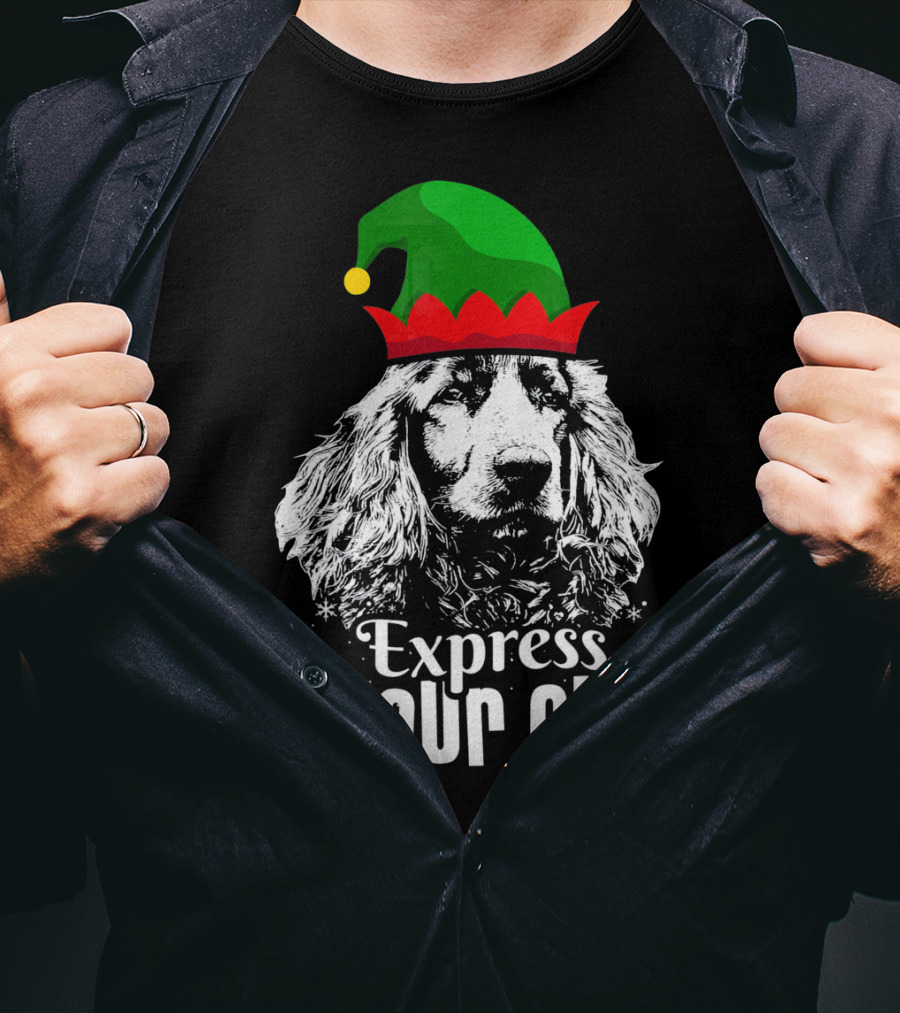Express Your Elf English Cocker Spaniel Christmas Dog Wearing Green And Red Elf Hat T-Shirt