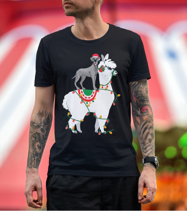 Premium T-Shirt: Fa La LLAMA Great Dane with Santa Hat on Llama Christmas Lights T-Shirt Fa La LLAMA Great Dane with Santa Hat on Llama Christmas Lights T-Shirt