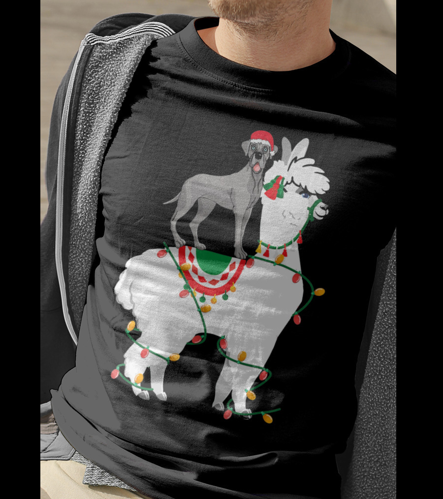 Fa La LLAMA Great Dane With Santa Hat On Llama Christmas Lights T-Shirt