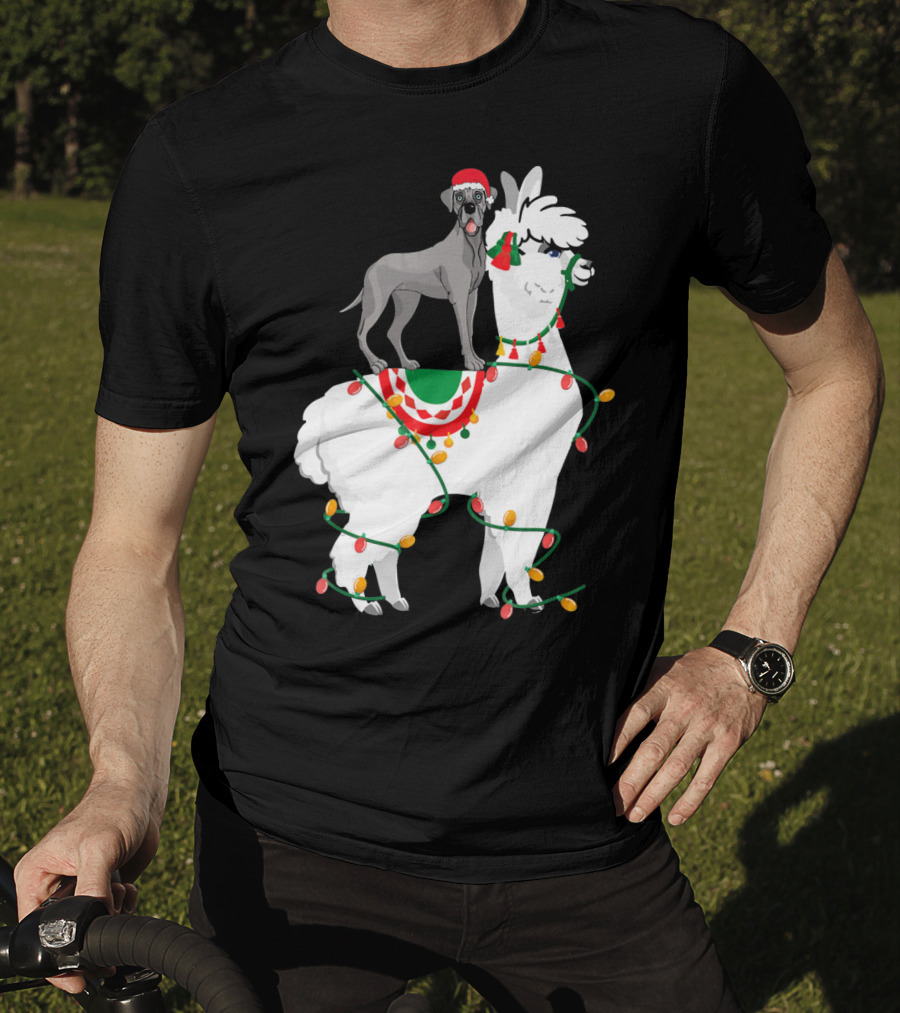 Fa La LLAMA Great Dane With Santa Hat On Llama Christmas Lights T-Shirt