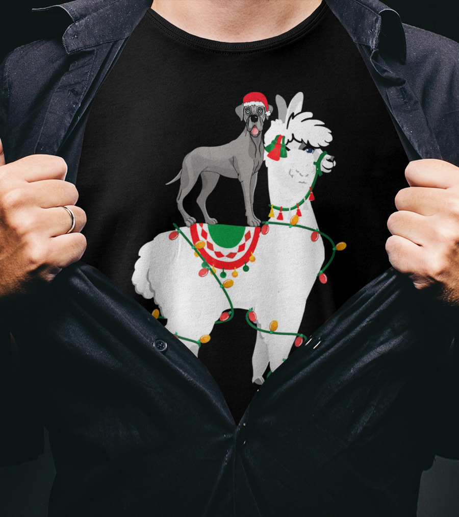 Fa La LLAMA Great Dane With Santa Hat On Llama Christmas Lights T-Shirt