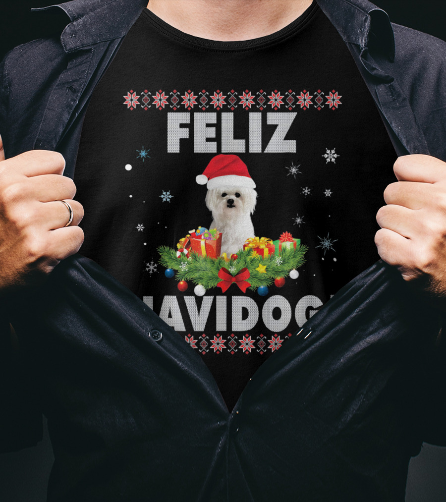 Feliz Navidog Maltese Dog Christmas Santa Hat Holiday Festive T-Shirt