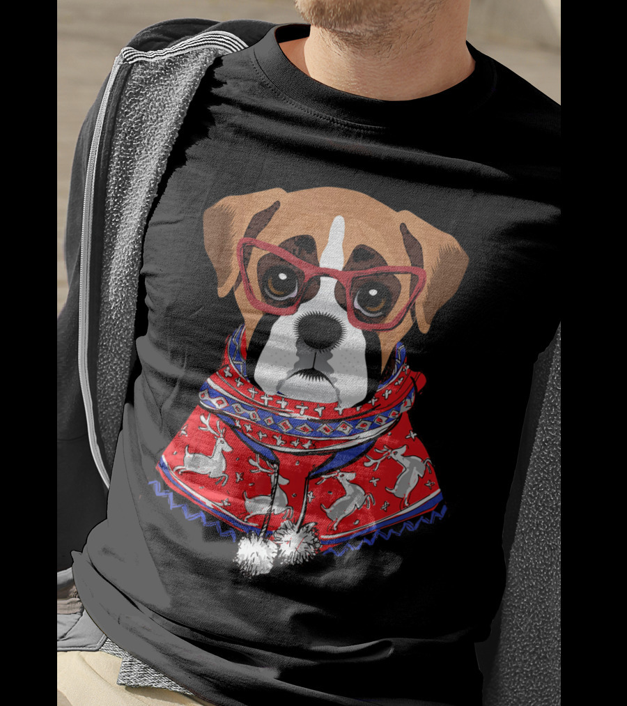 Funny Boxer Dog With Glasses In Christmas Scarf Holiday Look T-Shirt