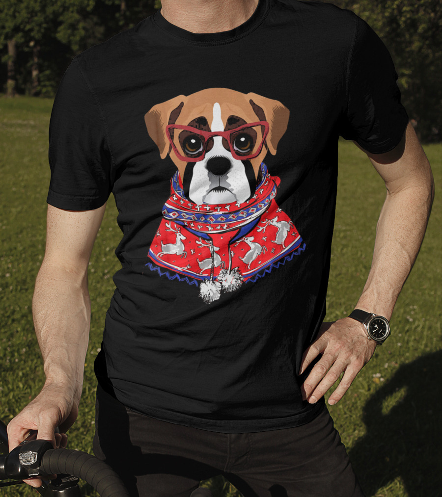 Funny Boxer Dog With Glasses In Christmas Scarf Holiday Look T-Shirt