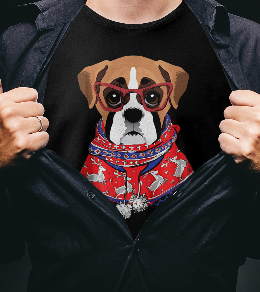 Funny Boxer Dog With Glasses In Christmas Scarf Holiday Look T-Shirt