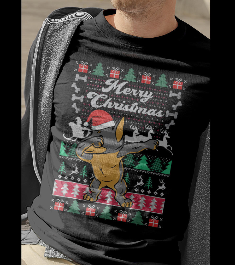 Merry Christmas Doberman Dabbing In Santa Hat With Holiday Symbols T-Shirt
