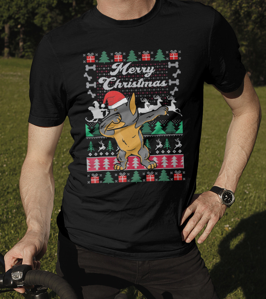 Merry Christmas Doberman Dabbing In Santa Hat With Holiday Symbols T-Shirt