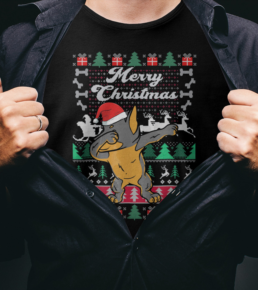 Merry Christmas Doberman Dabbing In Santa Hat With Holiday Symbols T-Shirt