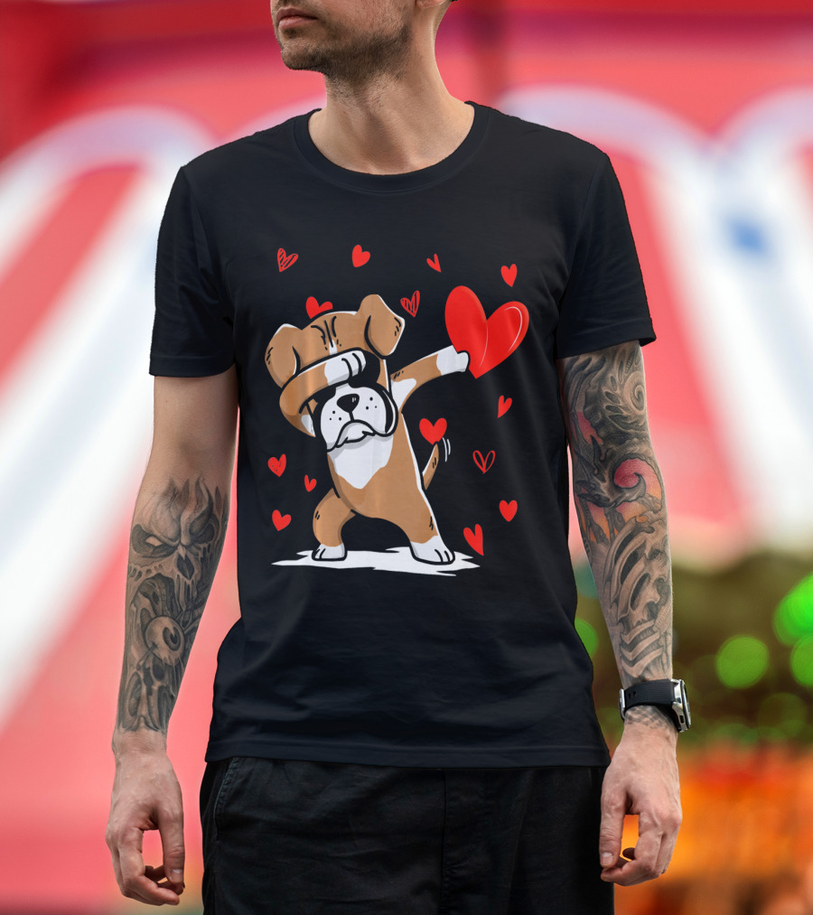 Dabbing Boxer Dog Holding Heart with Valentines Day T-Shirt