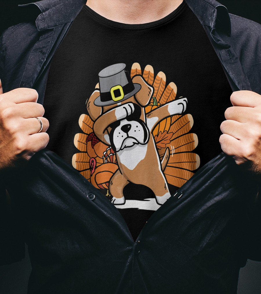 Thanksgiving Dabbing Boxer Dog Pilgrim Hat Turkey T-Shirt