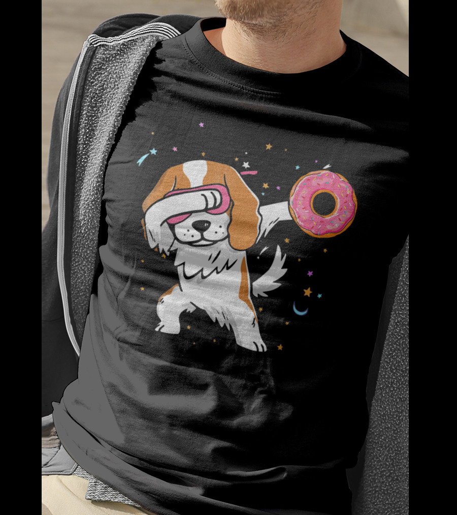 Funny Dabbing Cavalier King Charles Spaniel With Pink Frosted Donut T-Shirt