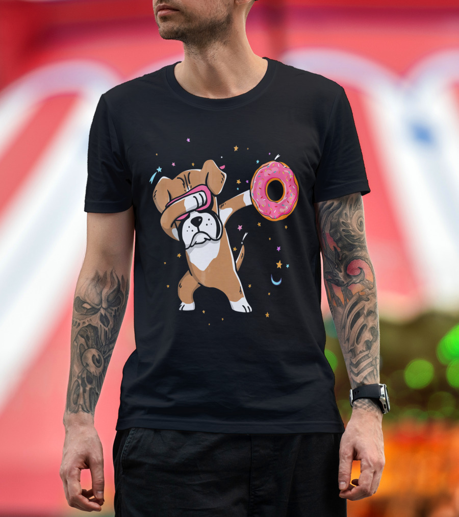Funny Donut Day Dabbing Boxer with Sprinkled Donut in Stars and Moon T-Shirt