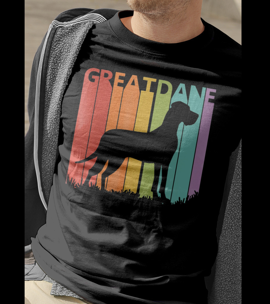 Great Dane Dog Silhouette Retro Rainbow Stripes T-Shirt