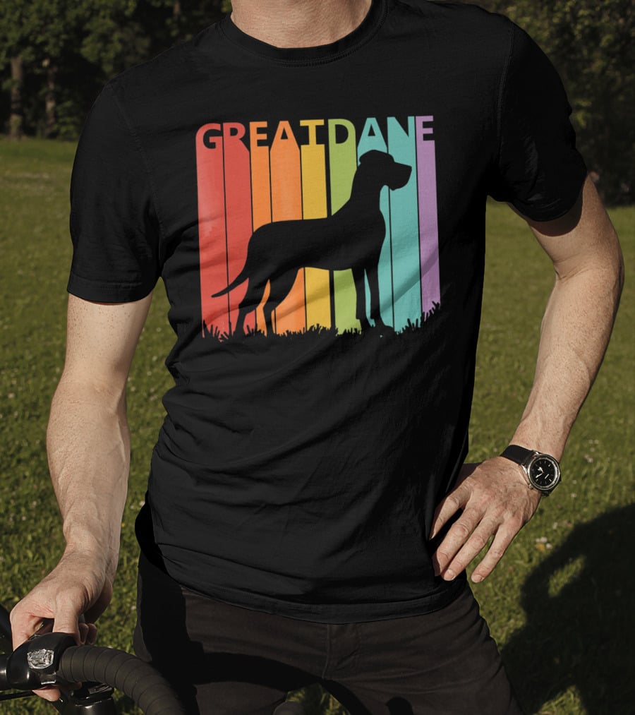 Great Dane Dog Silhouette Retro Rainbow Stripes T-Shirt