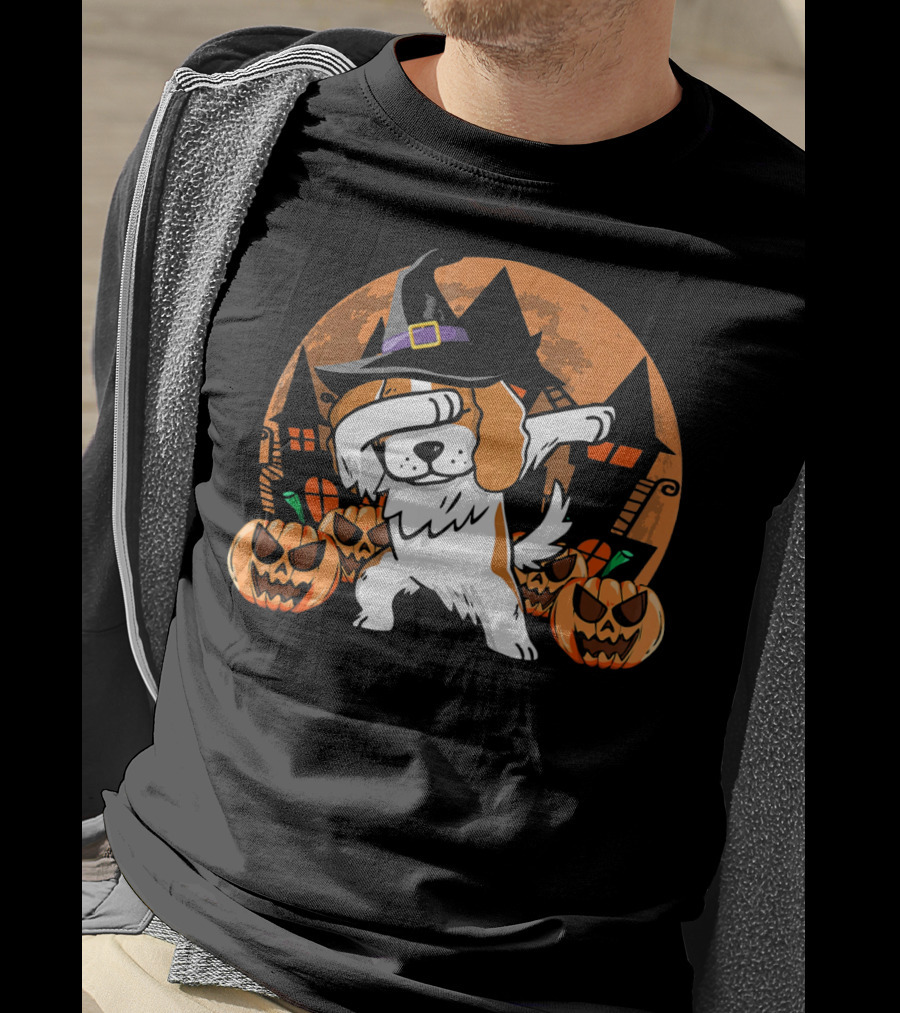 Funny Halloween Dabbing Cavalier Witch Hat Pumpkins Haunted House T-Shirt