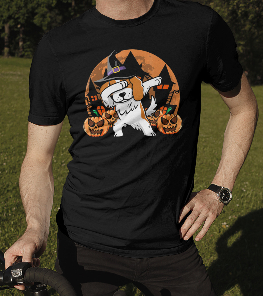 Funny Halloween Dabbing Cavalier Witch Hat Pumpkins Haunted House T-Shirt
