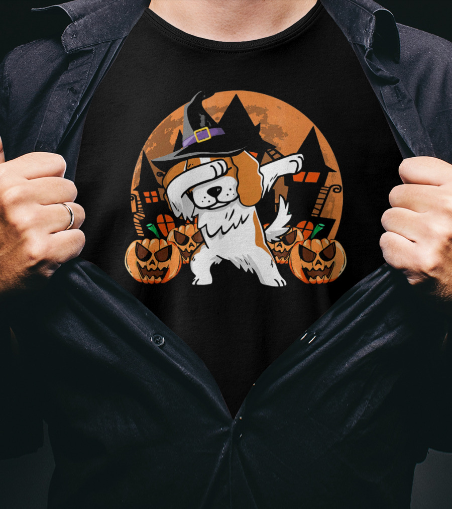 Funny Halloween Dabbing Cavalier Witch Hat Pumpkins Haunted House T-Shirt