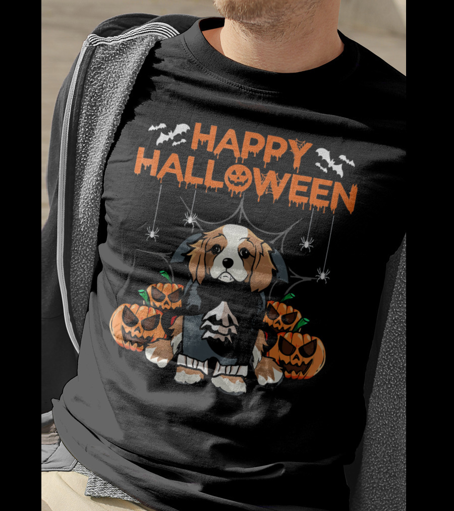 Happy Halloween Vampire Cavalier Dog Surrounded By Pumpkins And Bats T-Shirt