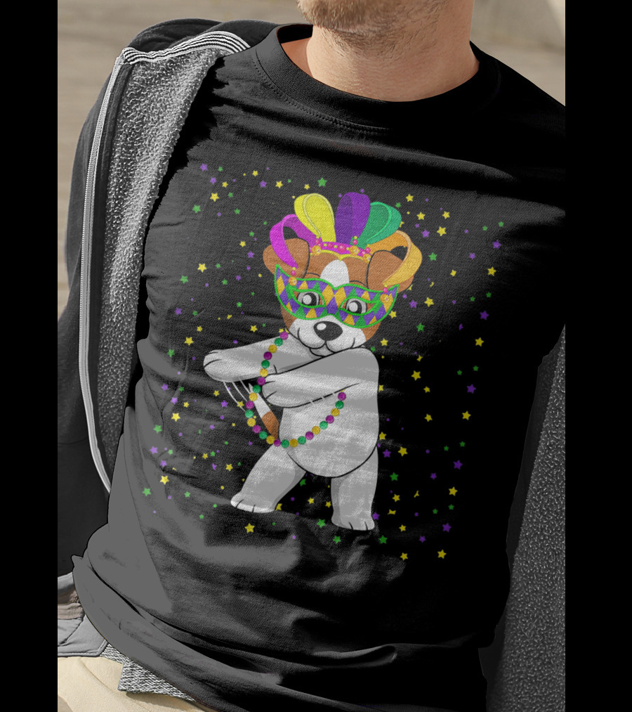 Jack Russell Flossing Jester Hat Mardi Gras Beads Dog T-Shirt