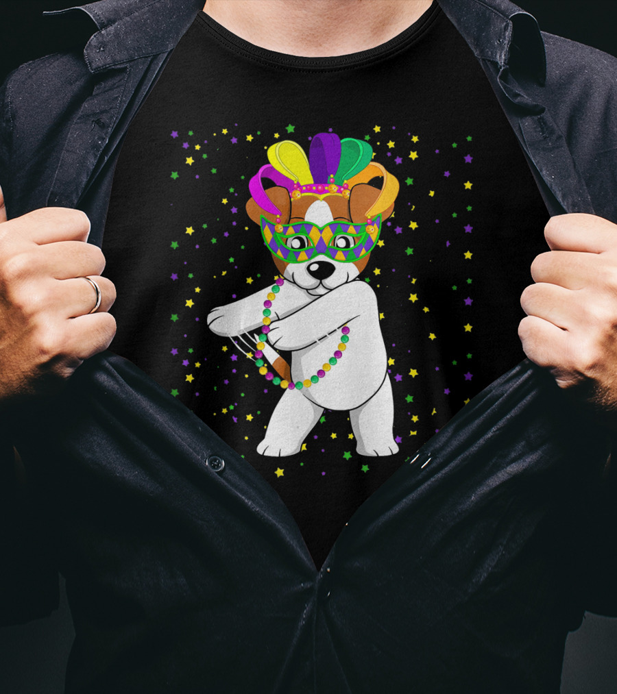 Jack Russell Flossing Jester Hat Mardi Gras Beads Dog T-Shirt