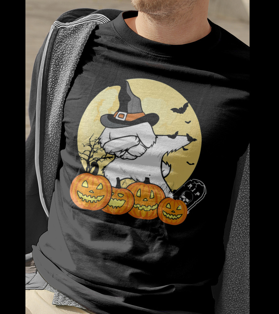 Funny Halloween Maltese Dog With Pumpkins And Witch Hat T-Shirt