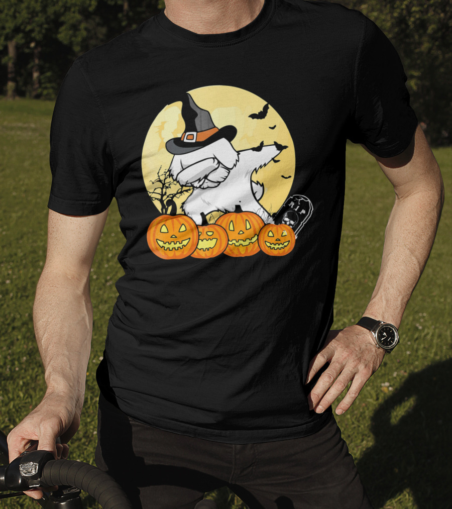 Funny Halloween Maltese Dog With Pumpkins And Witch Hat T-Shirt