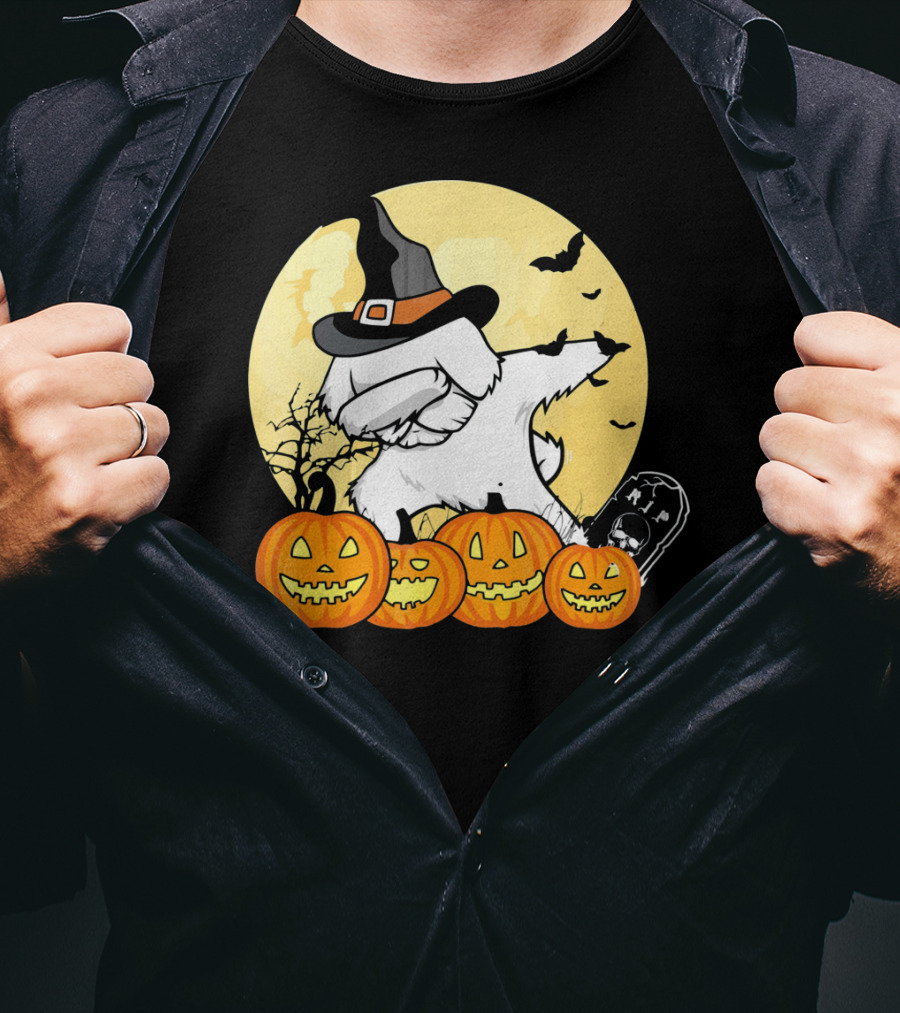 Funny Halloween Maltese Dog With Pumpkins And Witch Hat T-Shirt
