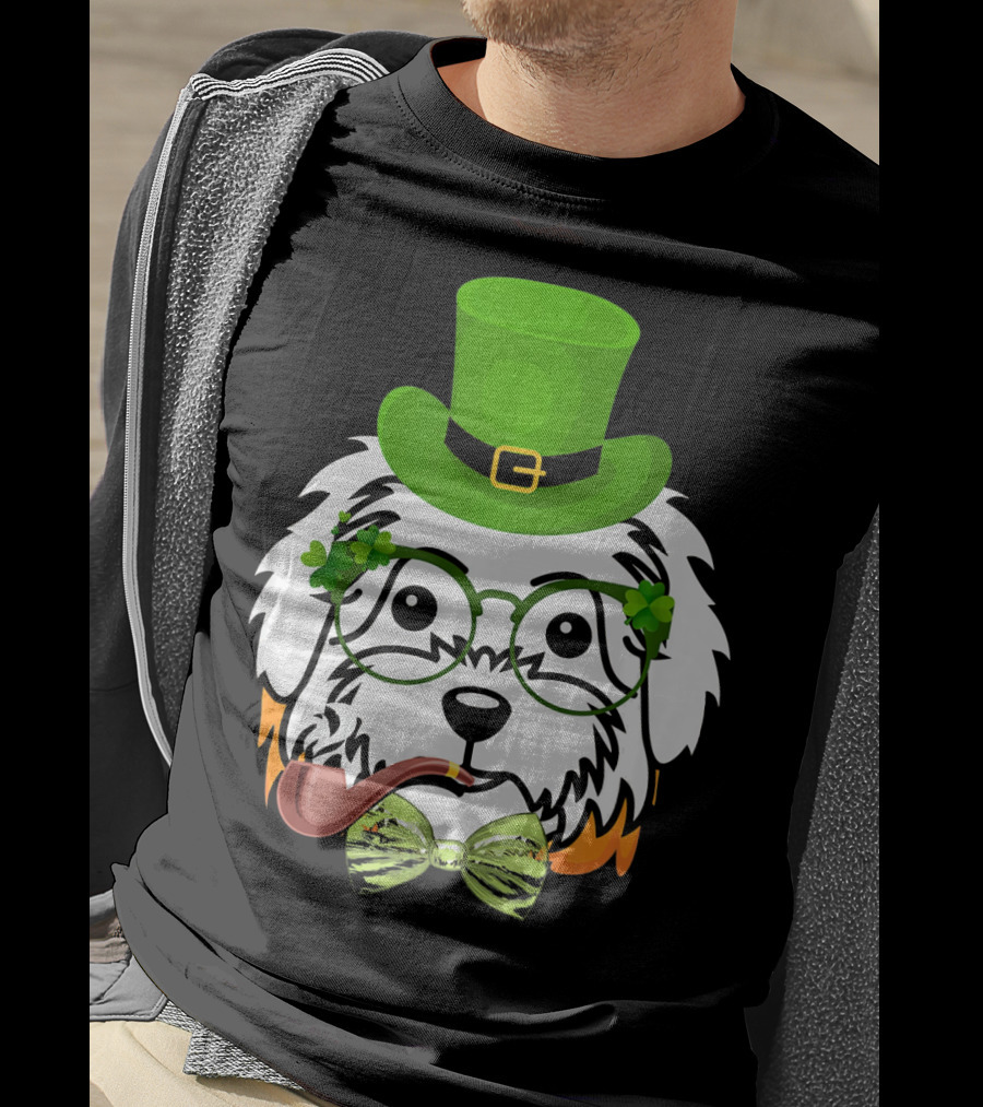 Maltese Dog In Leprechaun Hat With Pipe And Shamrocks For St Patrick's Day T-Shirt