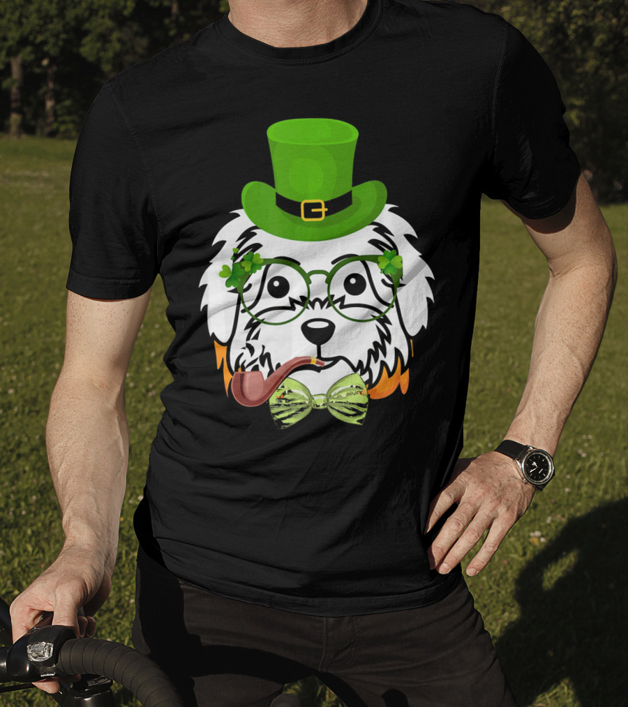 Maltese Dog In Leprechaun Hat With Pipe And Shamrocks For St Patrick's Day T-Shirt