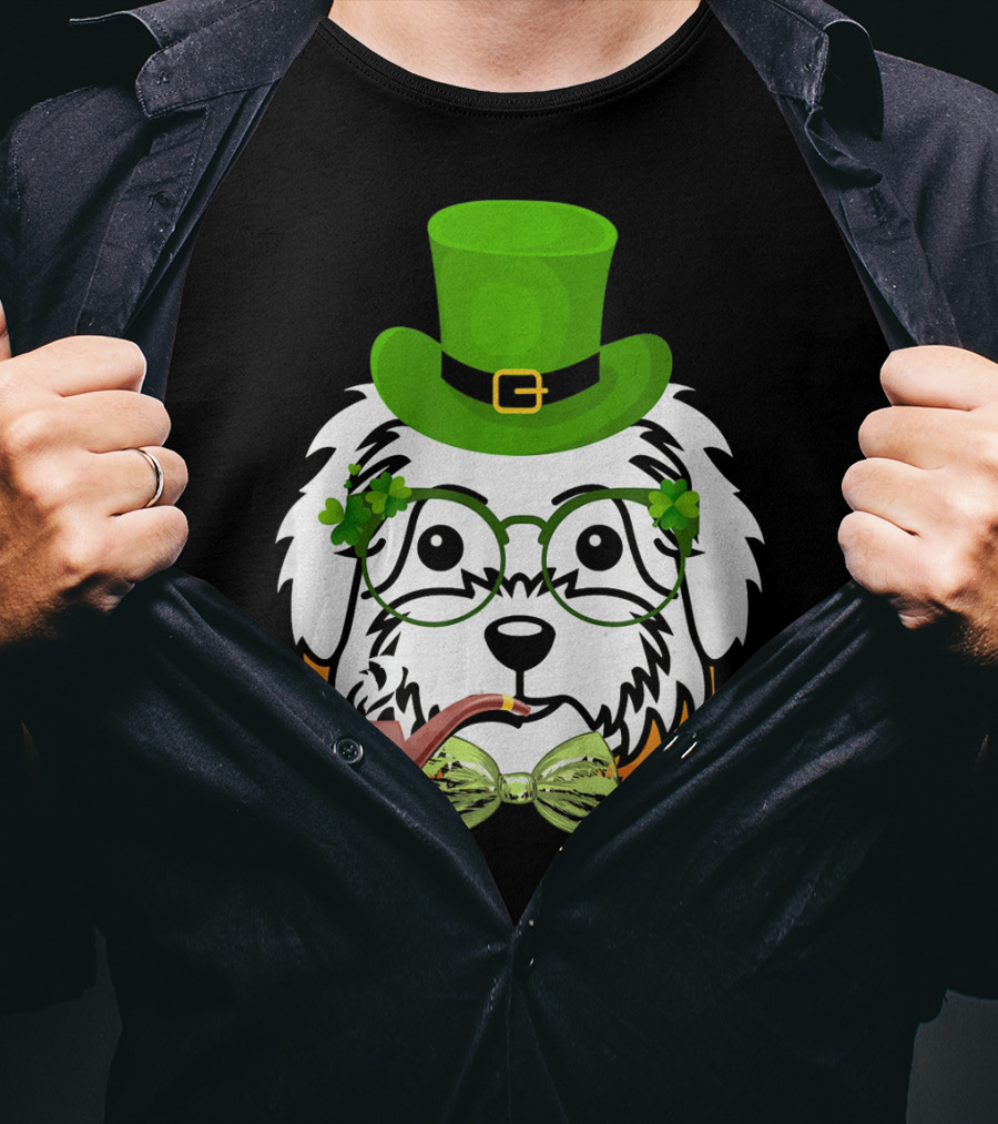 Maltese Dog In Leprechaun Hat With Pipe And Shamrocks For St Patrick's Day T-Shirt