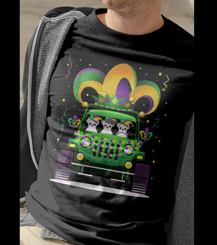 Mardi Gras Maltese Dogs Riding Jeep With Colorful Hat And Beads T-Shirt
