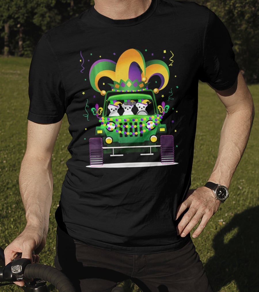 Mardi Gras Maltese Dogs Riding Jeep With Colorful Hat And Beads T-Shirt