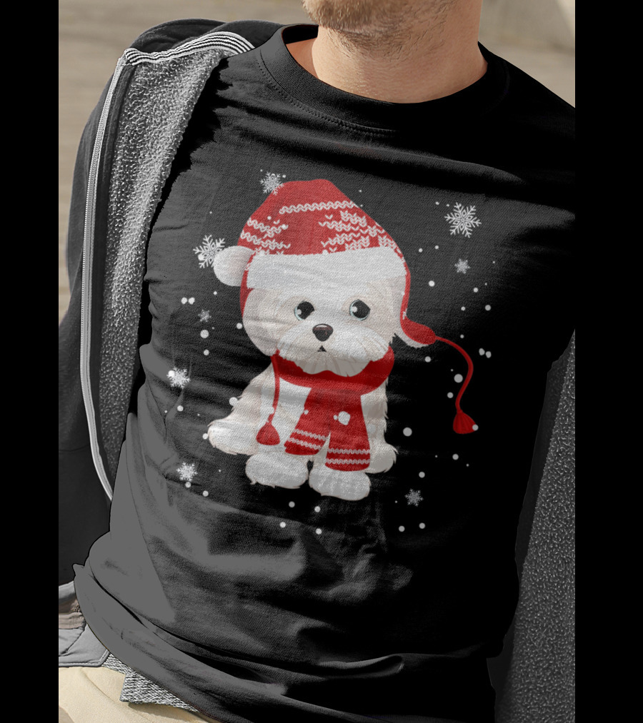Funny Maltese Santa Hat Scarf Ugly Snowflakes T-Shirt