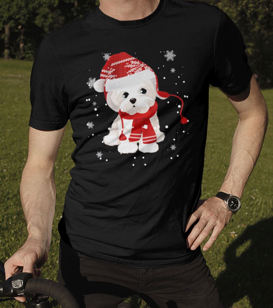 Funny Maltese Santa Hat Scarf Ugly Snowflakes T-Shirt