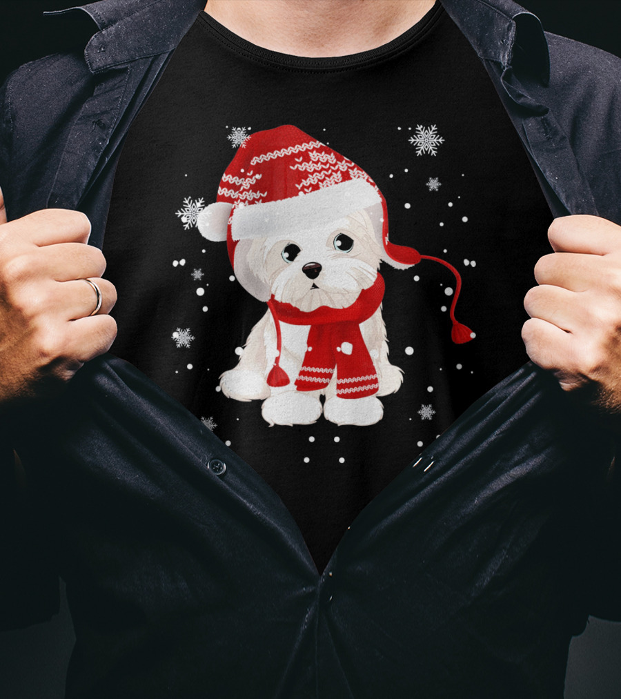 Funny Maltese Santa Hat Scarf Ugly Snowflakes T-Shirt