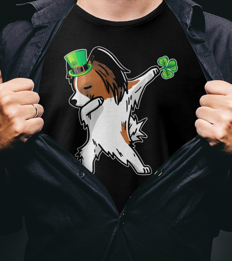 Papillon Dab Dabbing Dance With Shamrock And Leprechaun Hat T-Shirt