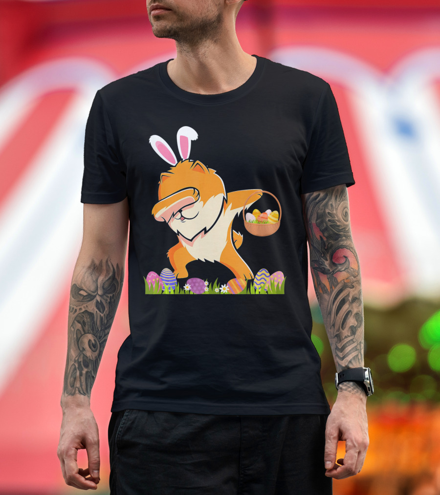 Funny Pomeranian Dabbing Easter Bunny with Eggs and Basket T-Shirt