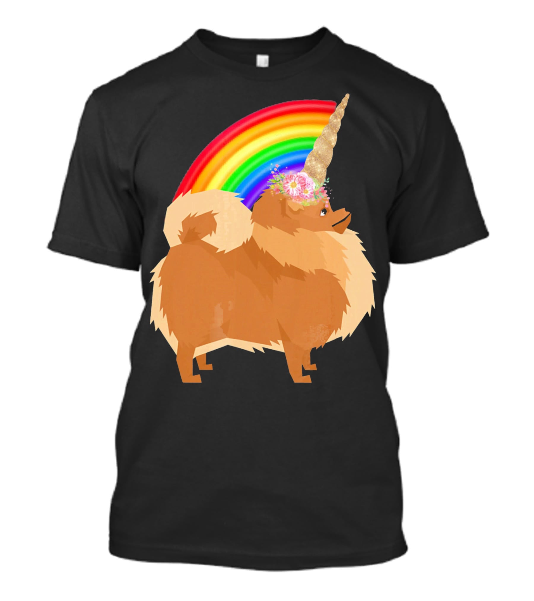 Pomeranian Rainbow Unicorn Dog With Floral Horn And Doodle Elements T-Shirt