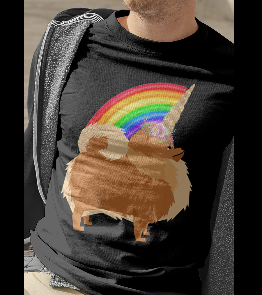 Pomeranian Rainbow Unicorn Dog With Floral Horn And Doodle Elements T-Shirt
