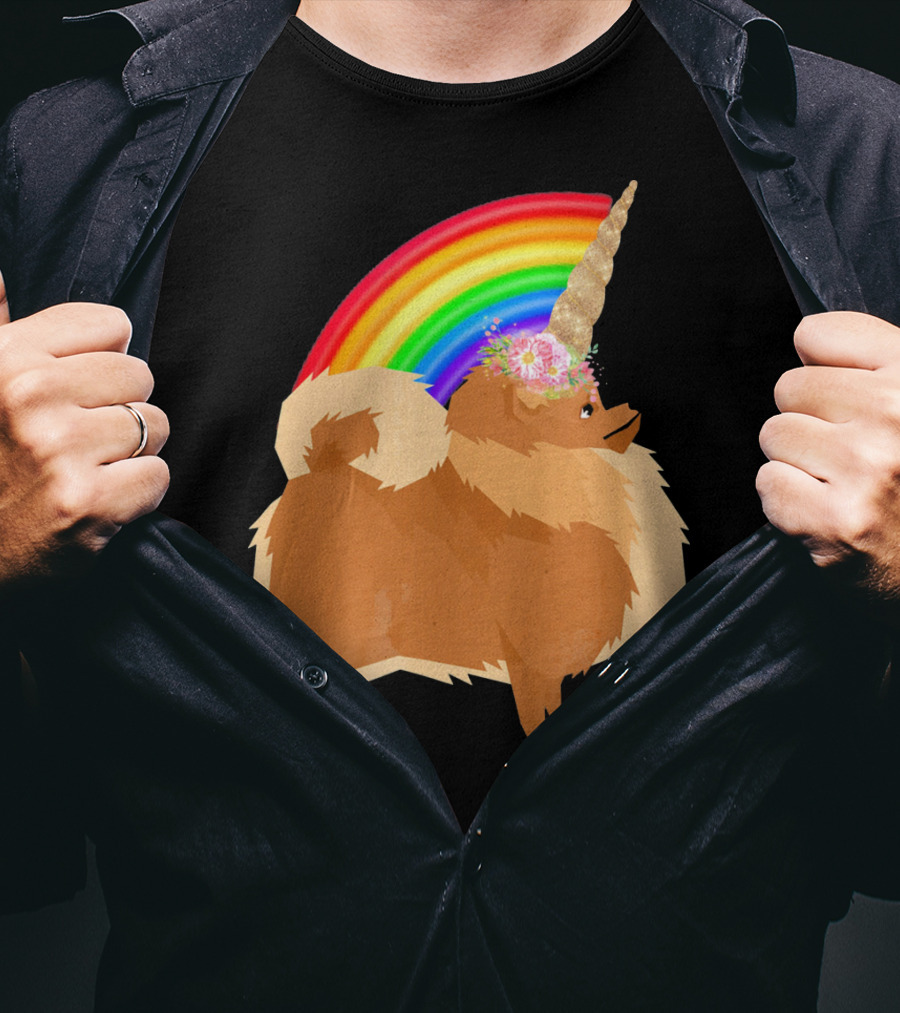 Pomeranian Rainbow Unicorn Dog With Floral Horn And Doodle Elements T-Shirt