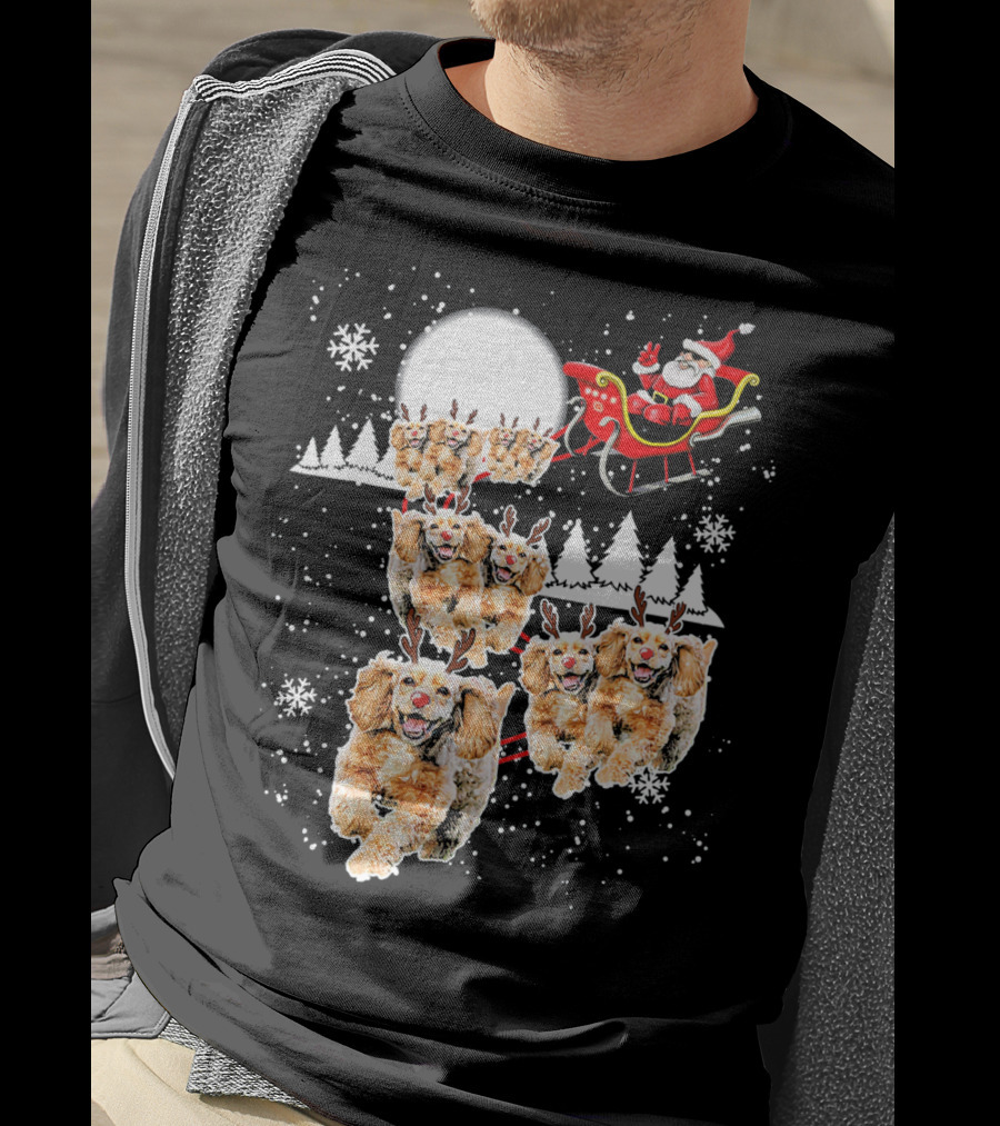 Santa Cocker Spaniel Reindeer Moon Sled Snowflakes T-Shirt