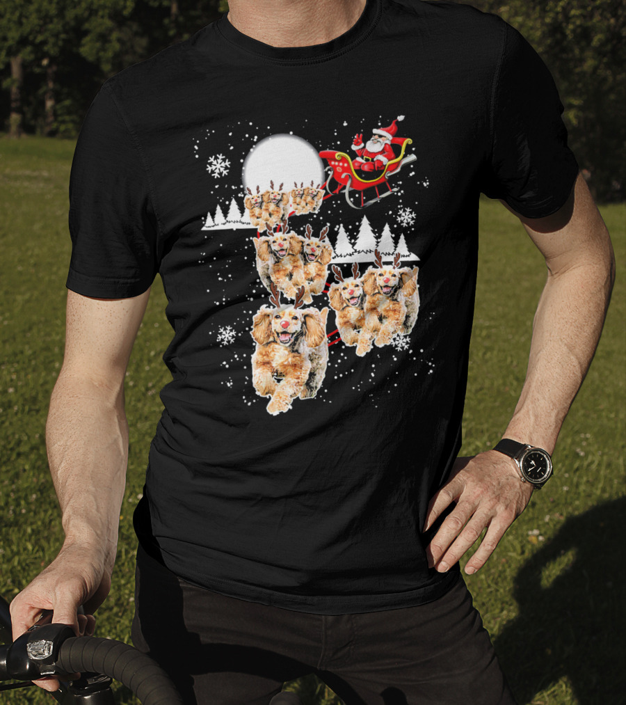 Santa Cocker Spaniel Reindeer Moon Sled Snowflakes T-Shirt