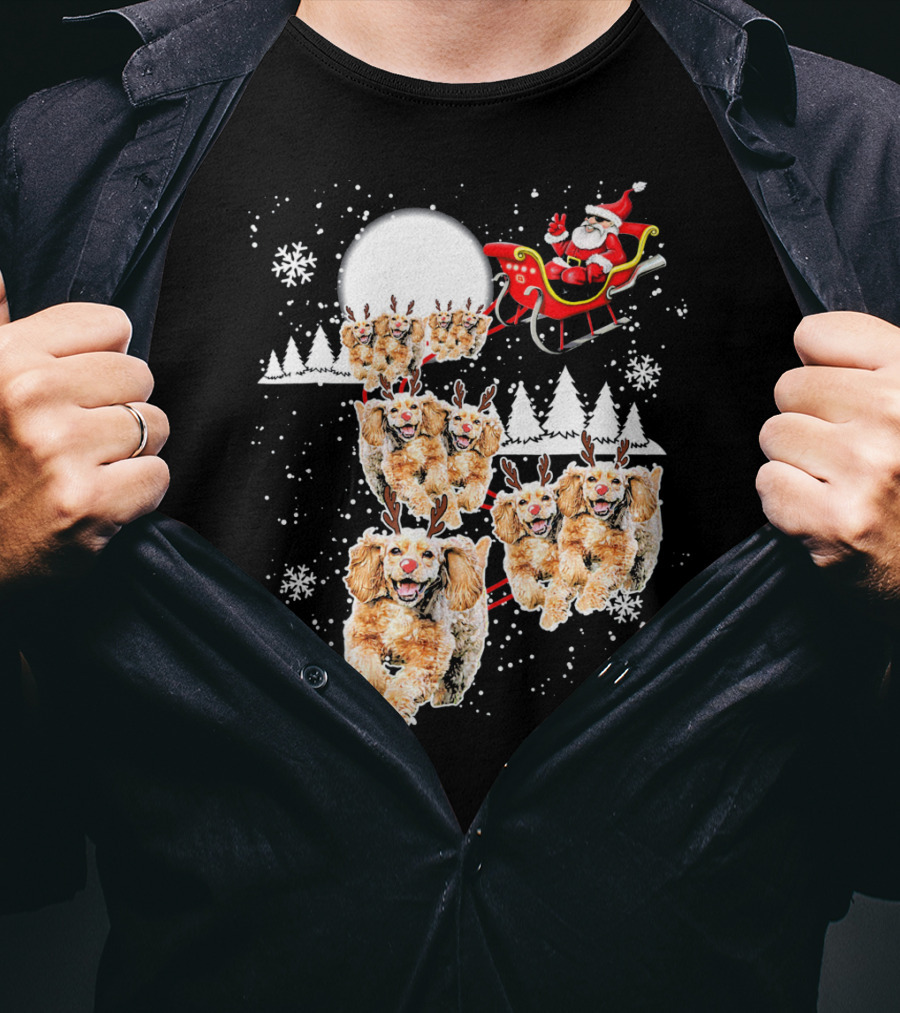 Santa Cocker Spaniel Reindeer Moon Sled Snowflakes T-Shirt