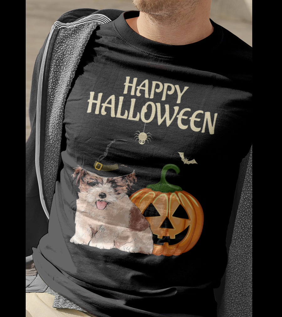 Happy Halloween Shih Tzu With Pumpkin And Witch Hat T-Shirt
