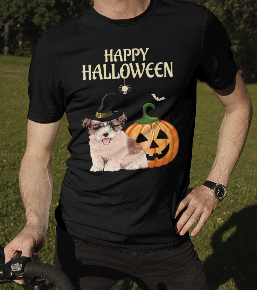 Happy Halloween Shih Tzu With Pumpkin And Witch Hat T-Shirt