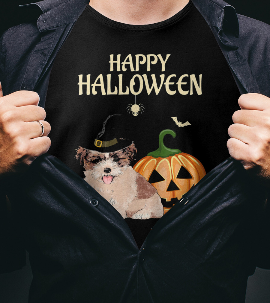 Happy Halloween Shih Tzu With Pumpkin And Witch Hat T-Shirt