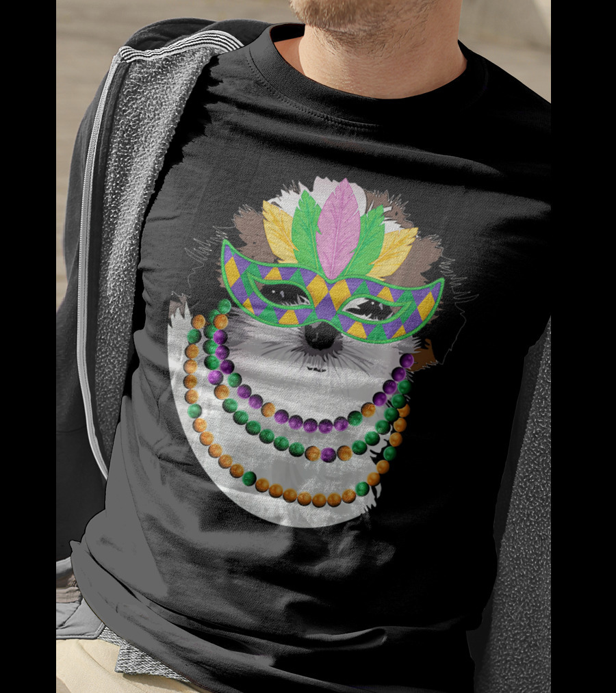 Funny Shih Tzu Mardi Gras Beads Necklace Mask With Colorful Feathered Mask T-Shirt