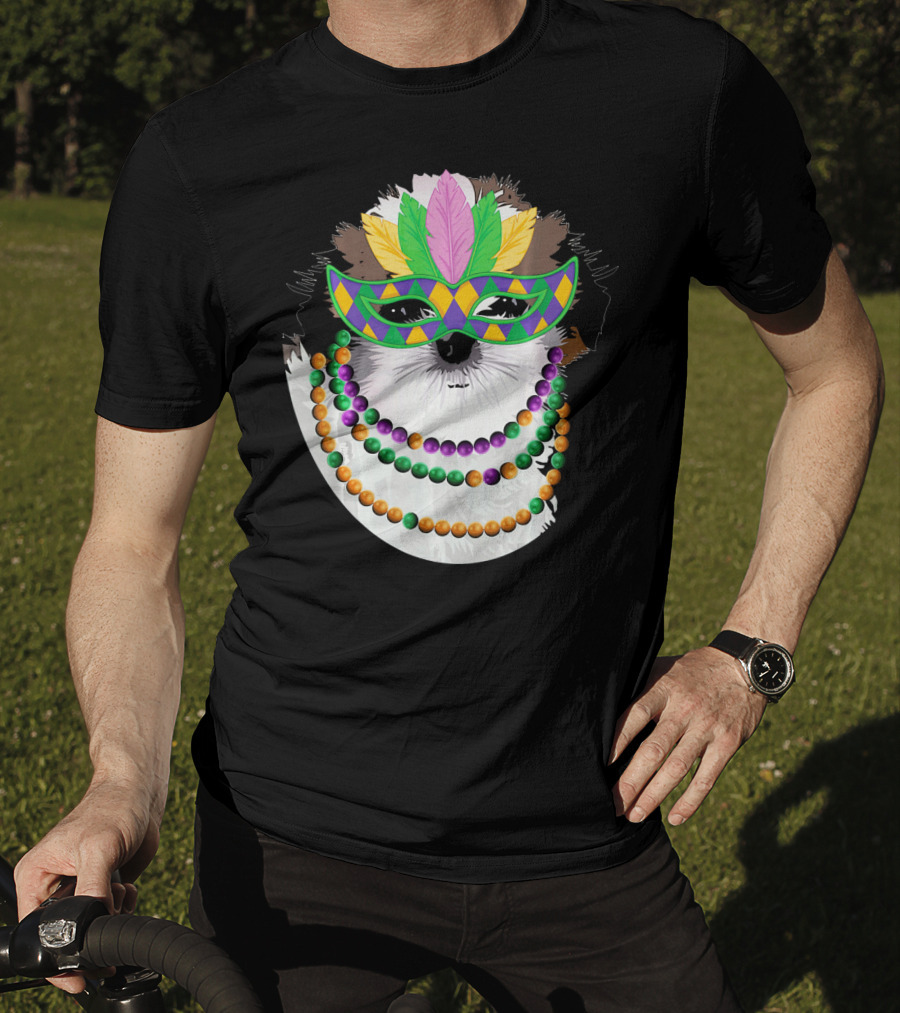 Funny Shih Tzu Mardi Gras Beads Necklace Mask With Colorful Feathered Mask T-Shirt