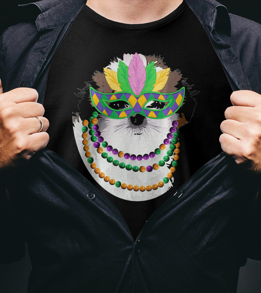 Funny Shih Tzu Mardi Gras Beads Necklace Mask With Colorful Feathered Mask T-Shirt